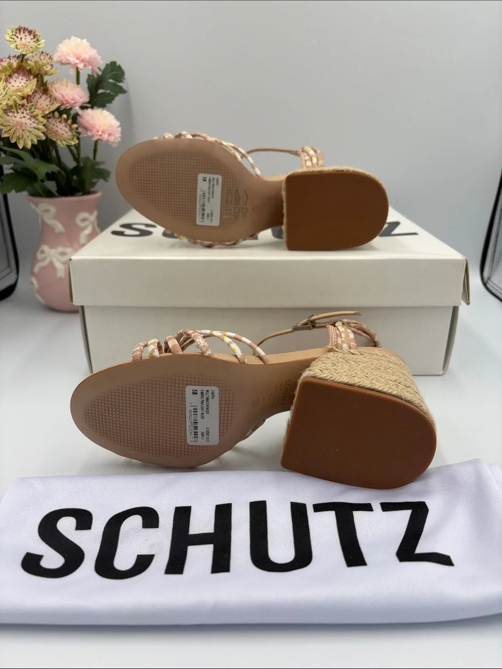SCHUTZ Tan Sandal with Multicolor Braided Straps